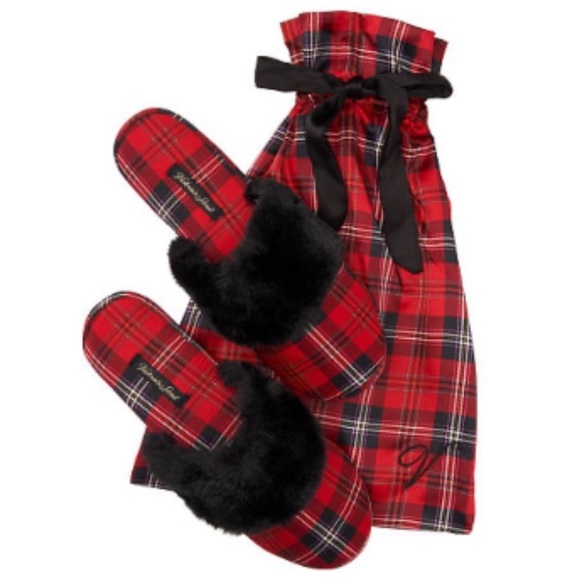 Victoria’s Secret Signature Satin Slippers Red Plaid / Size Small 5-6 - Picture 1 of 8